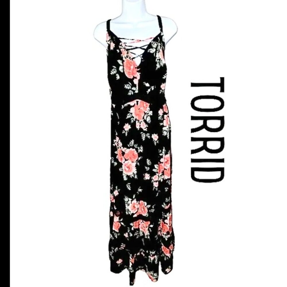 Torrid Black Floral  Lace Accent Challis Tiered Maxi Dress Women Size 6x--200